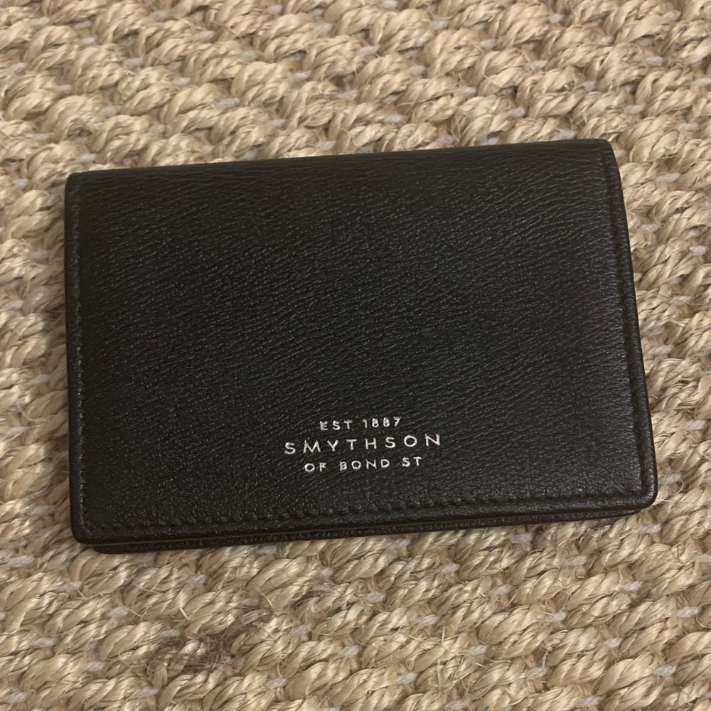 Smythson of Bond Street Black Leather Card Holder with Logo Like New